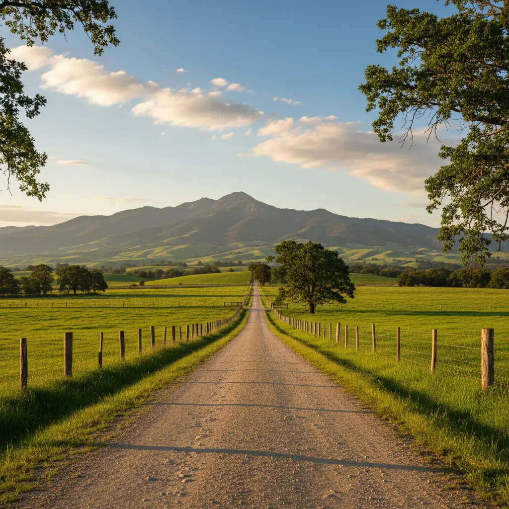 Estrada rural com montanhas ao fundo